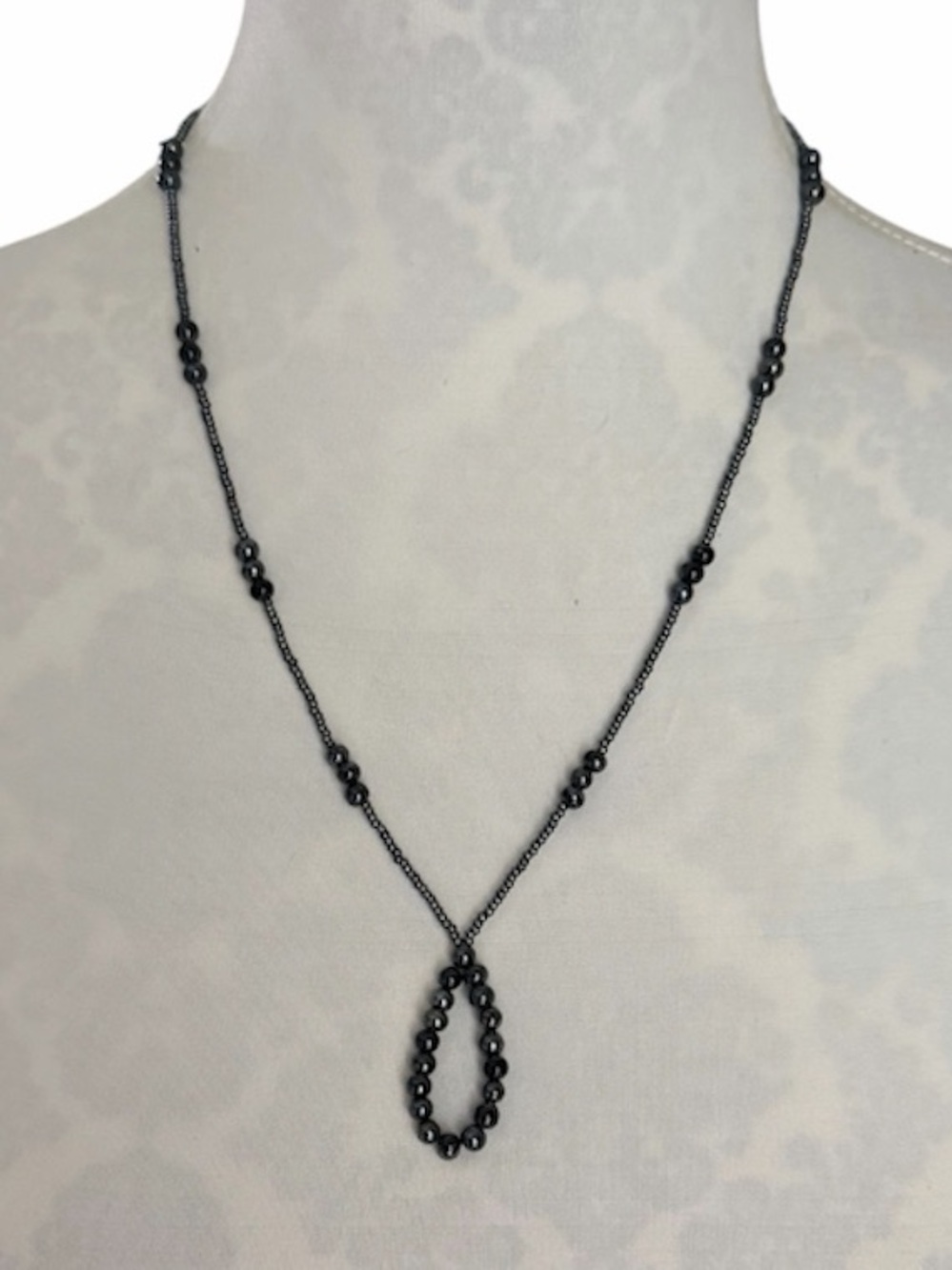 Hematite Beaded Necklace | Gunmetal Gray Teardrop Pendant